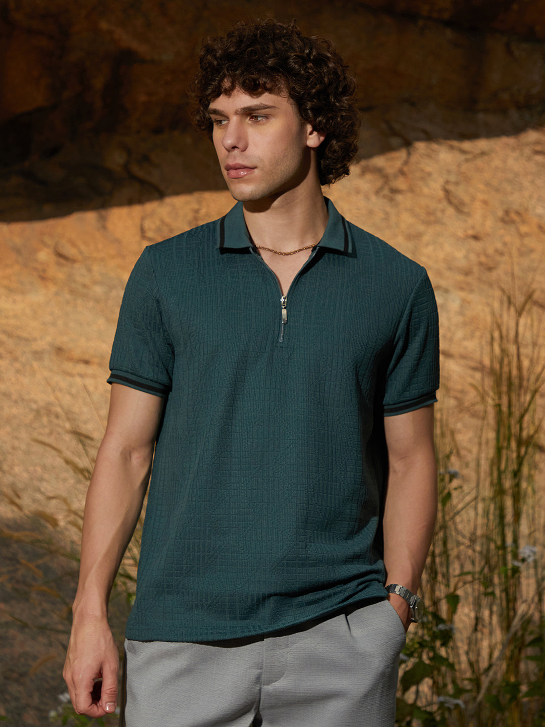 Campus Sutra Oblique-Stripe Polo T-Shirt