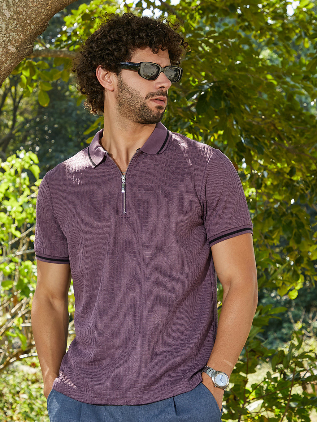 Campus Sutra Oblique-Stripe Polo T-Shirt