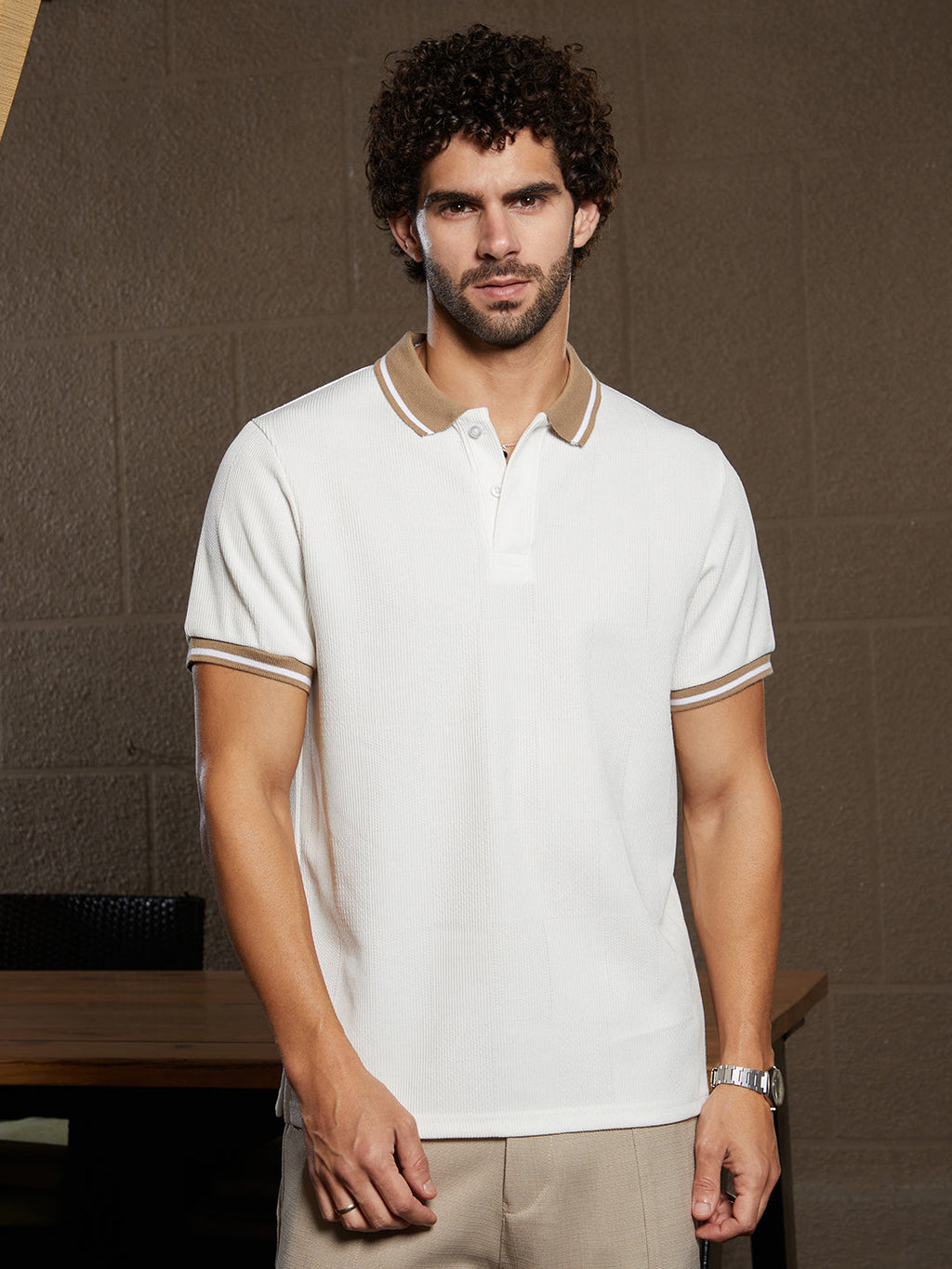Campus Sutra Cuboid-Stripe Polo T-Shirt
