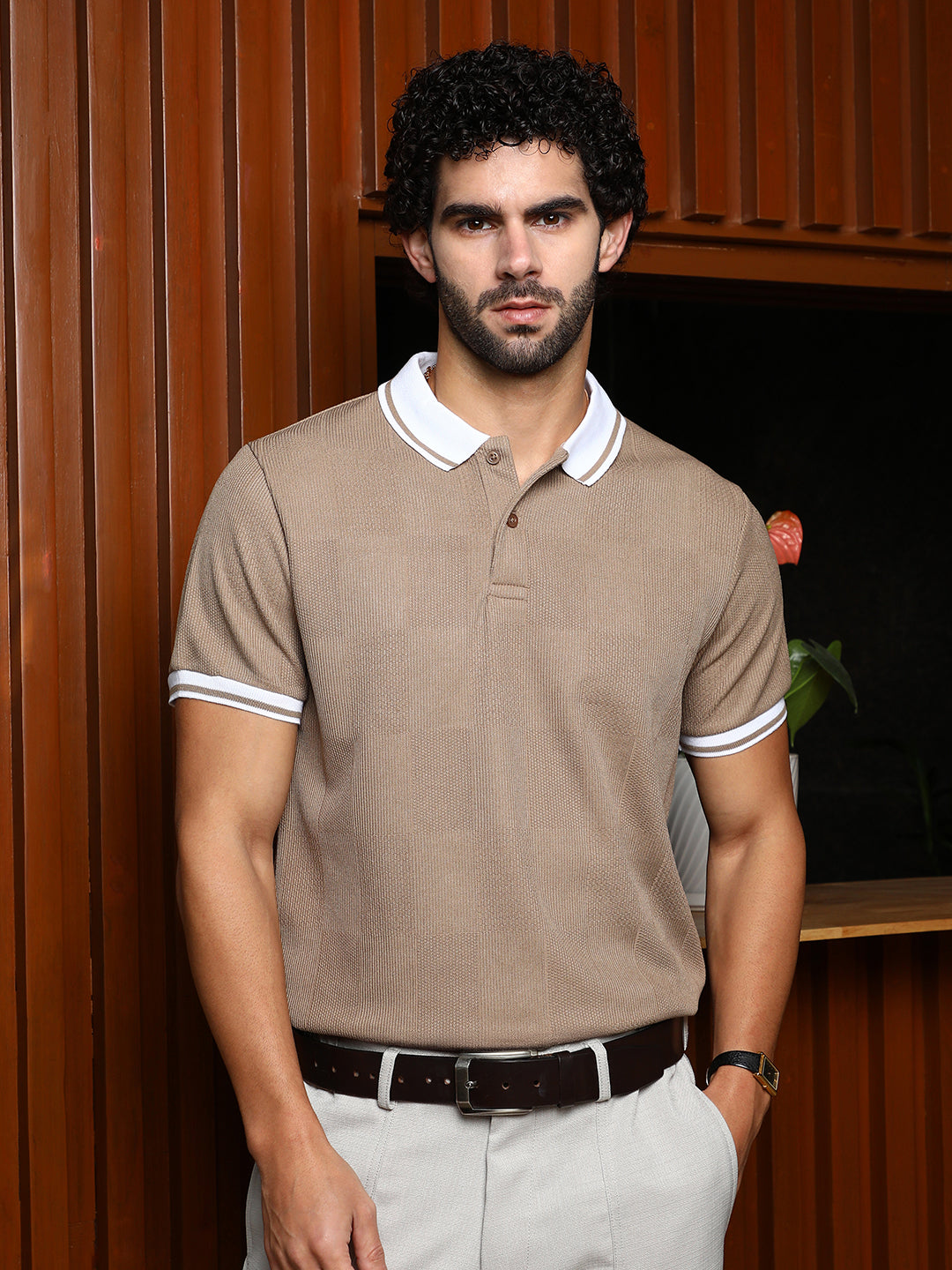 Campus Sutra Cuboid-Stripe Polo T-Shirt