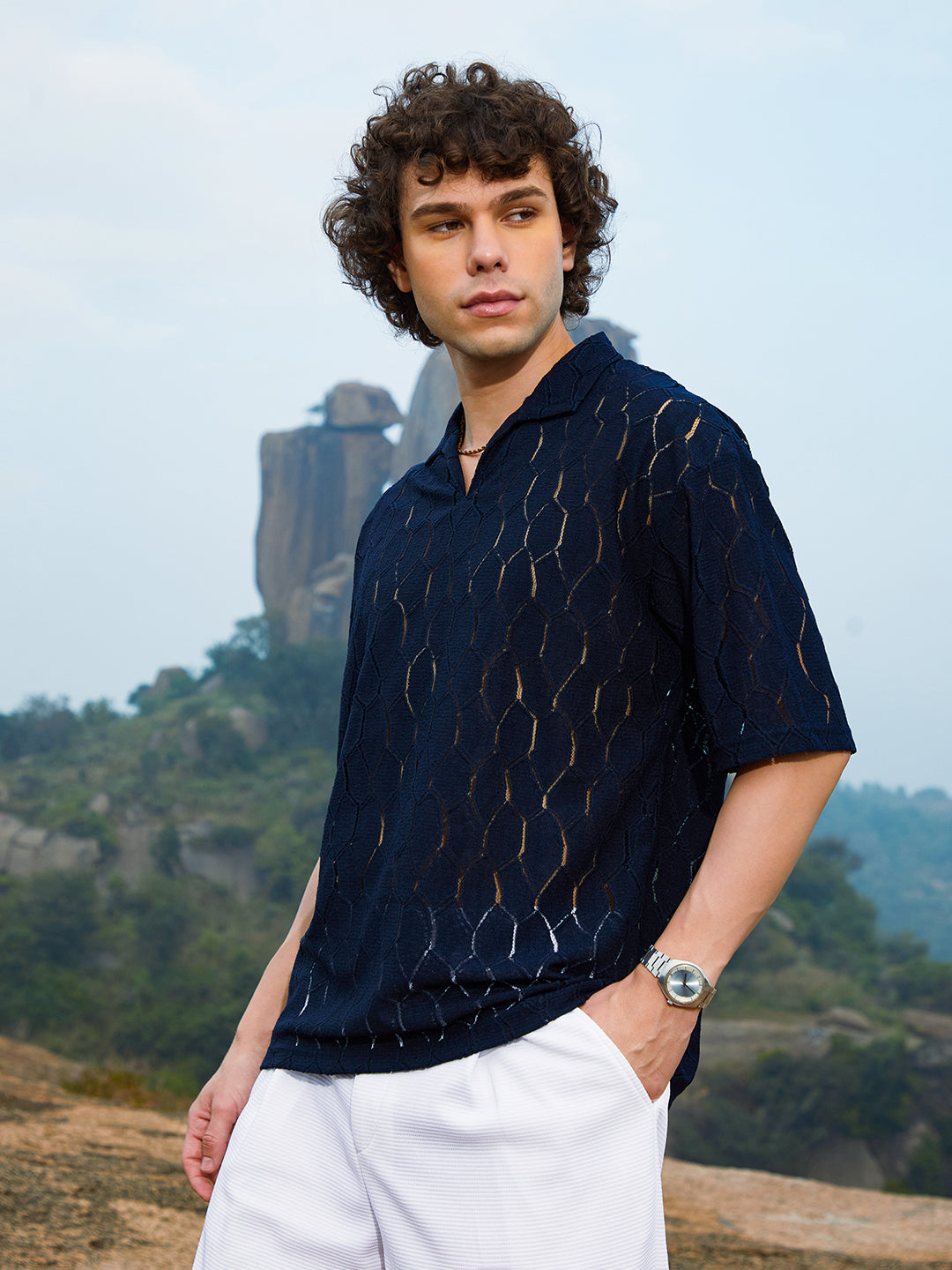 Campus Sutra Honeycomb-Knit Polo T-Shirt