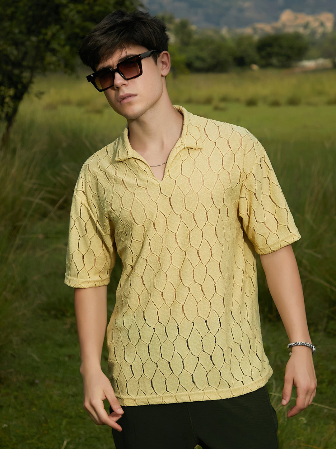 Campus Sutra Honeycomb-Knit Polo T-Shirt