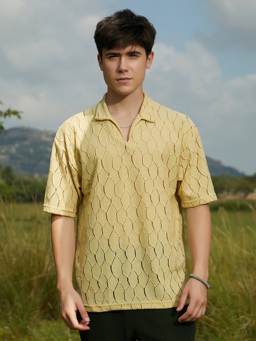 Campus Sutra Honeycomb-Knit Polo T-Shirt