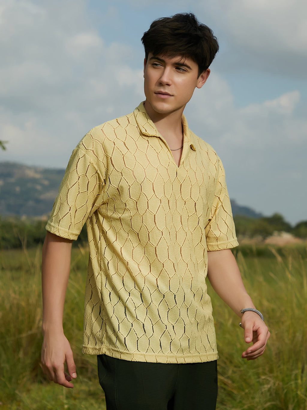 Campus Sutra Honeycomb-Knit Polo T-Shirt