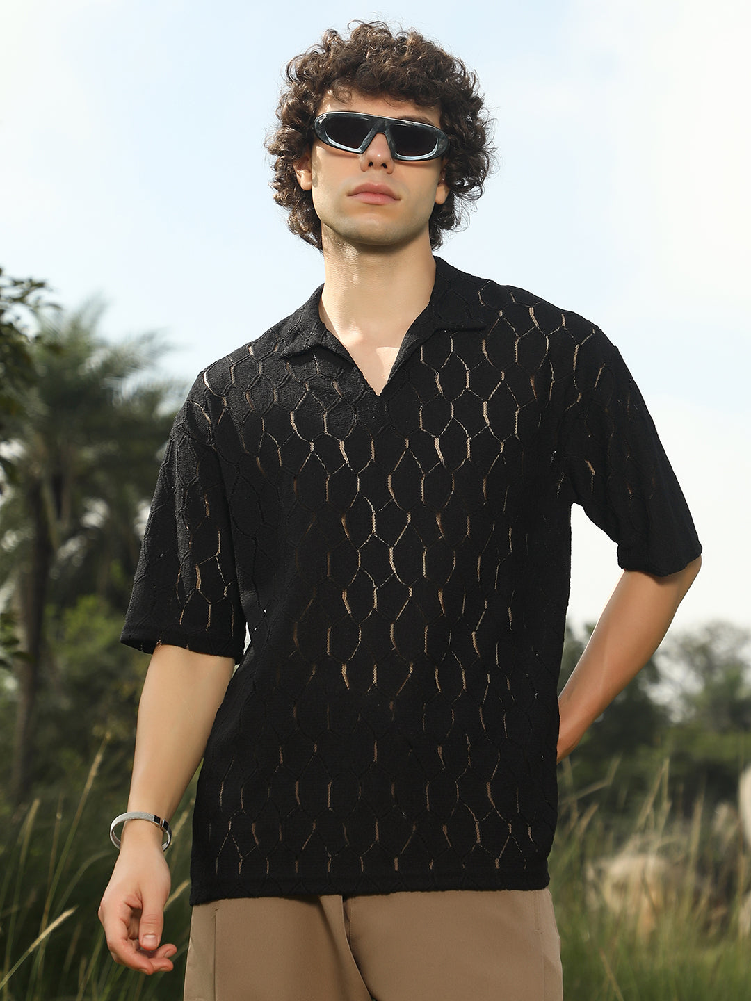 Campus Sutra Honeycomb-Knit Polo T-Shirt
