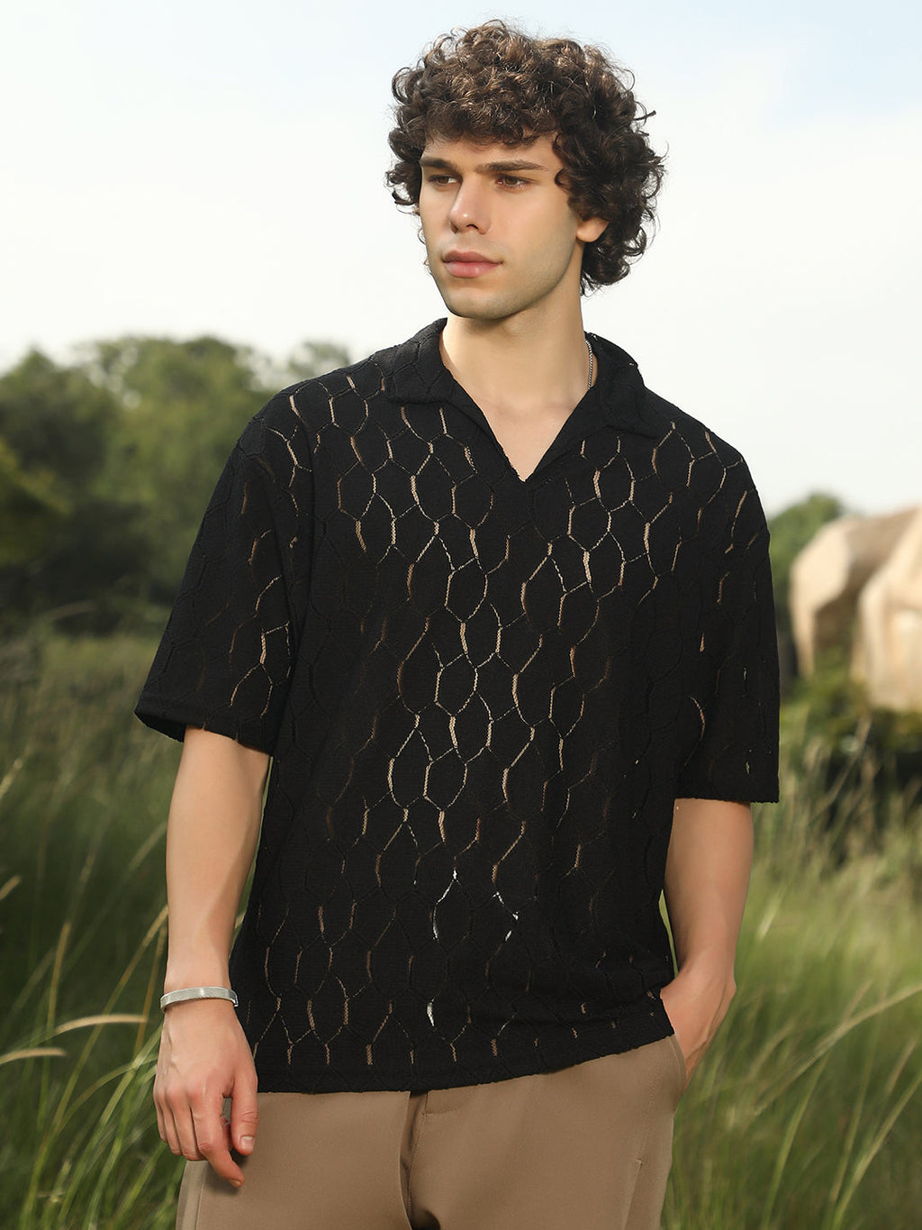 Campus Sutra Honeycomb-Knit Polo T-Shirt