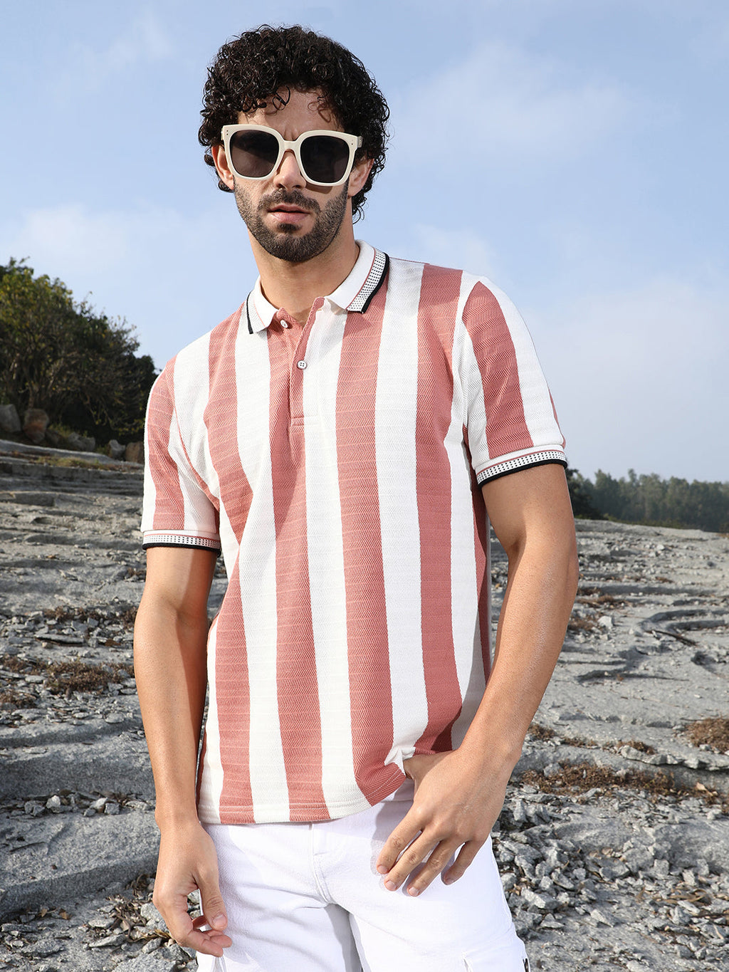 Campus Sutra Awning-Striped Polo T-Shirt