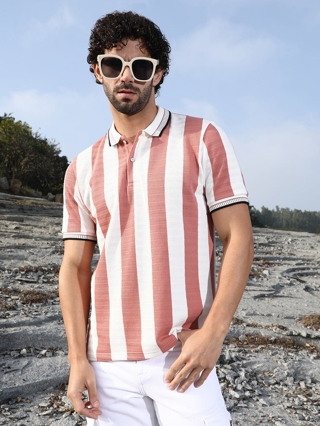 Campus Sutra Awning-Striped Polo T-Shirt