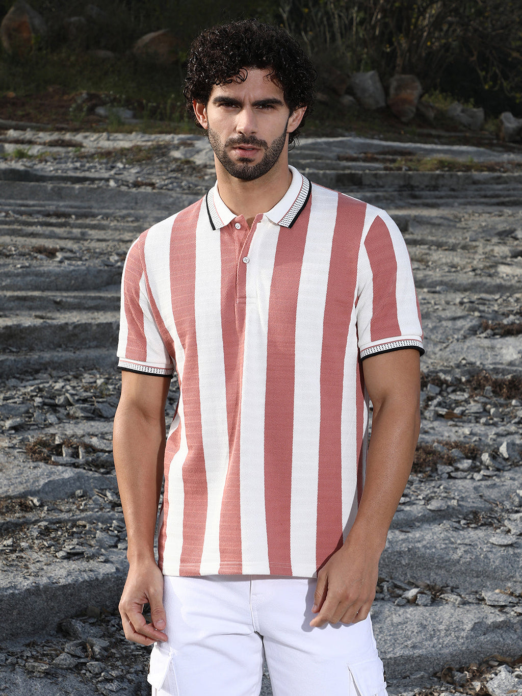 Campus Sutra Awning-Striped Polo T-Shirt
