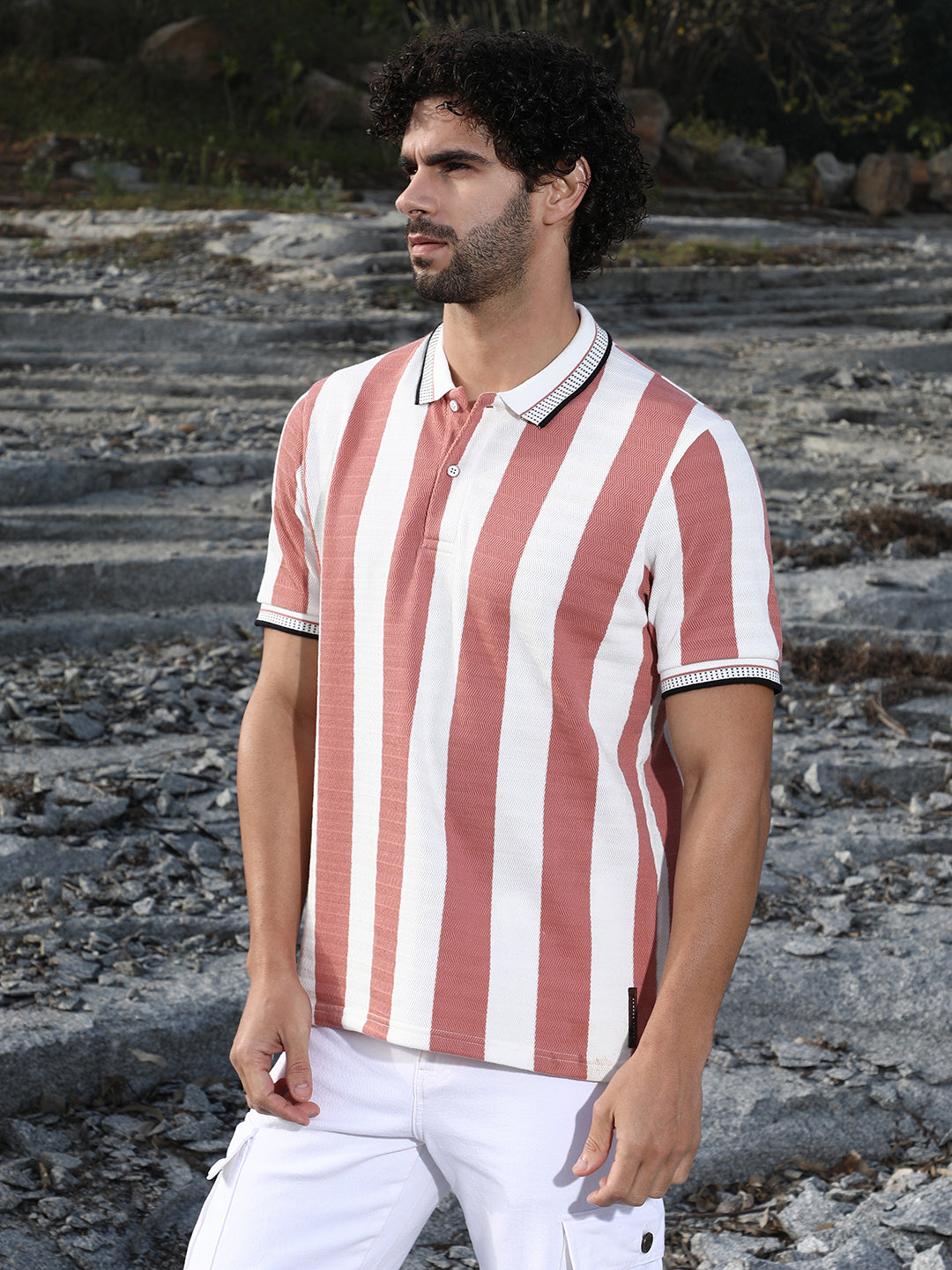 Campus Sutra Awning-Striped Polo T-Shirt