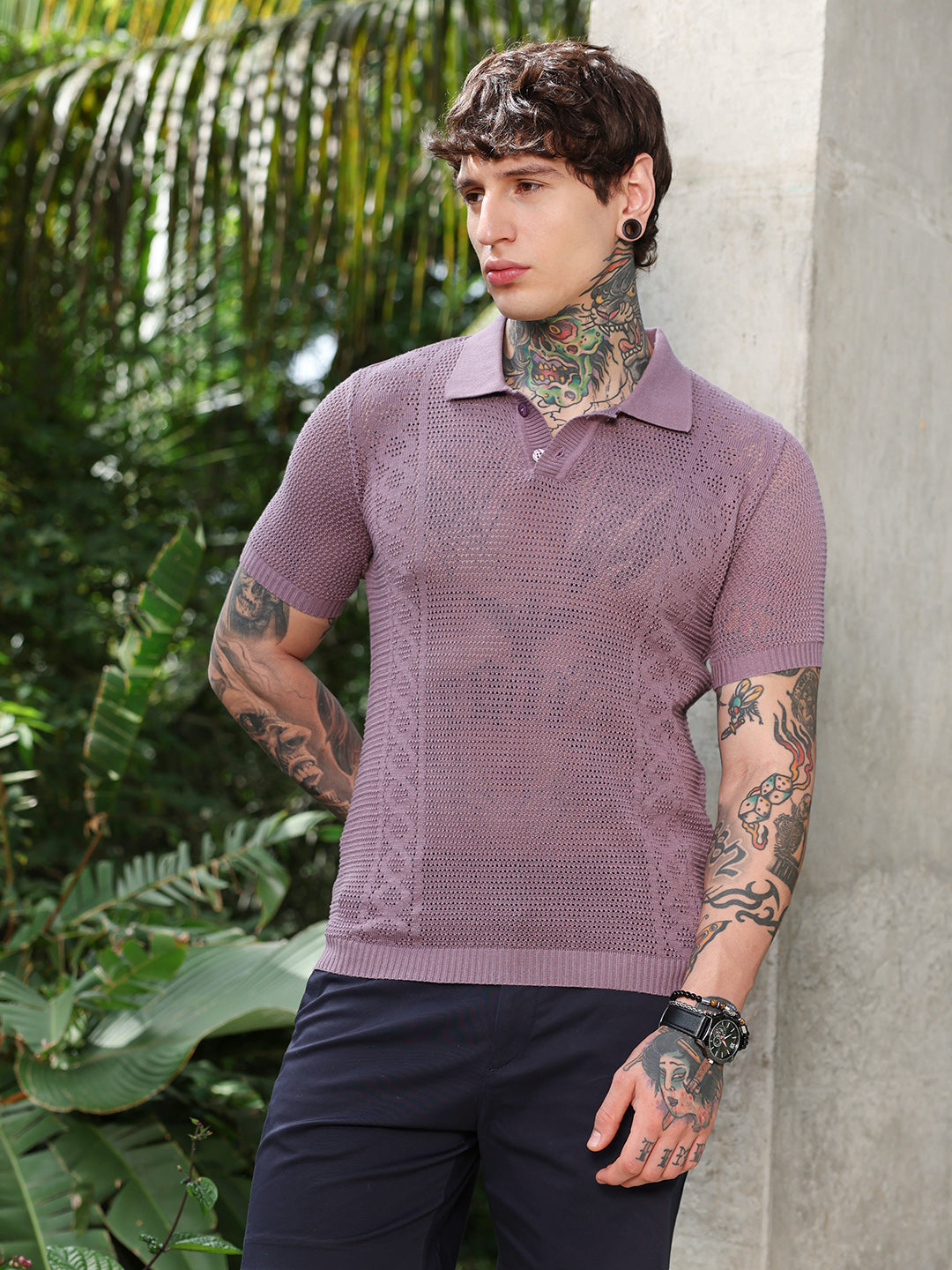 Campus Sutra Spiral-Panel Open-Knit Polo T-Shirt