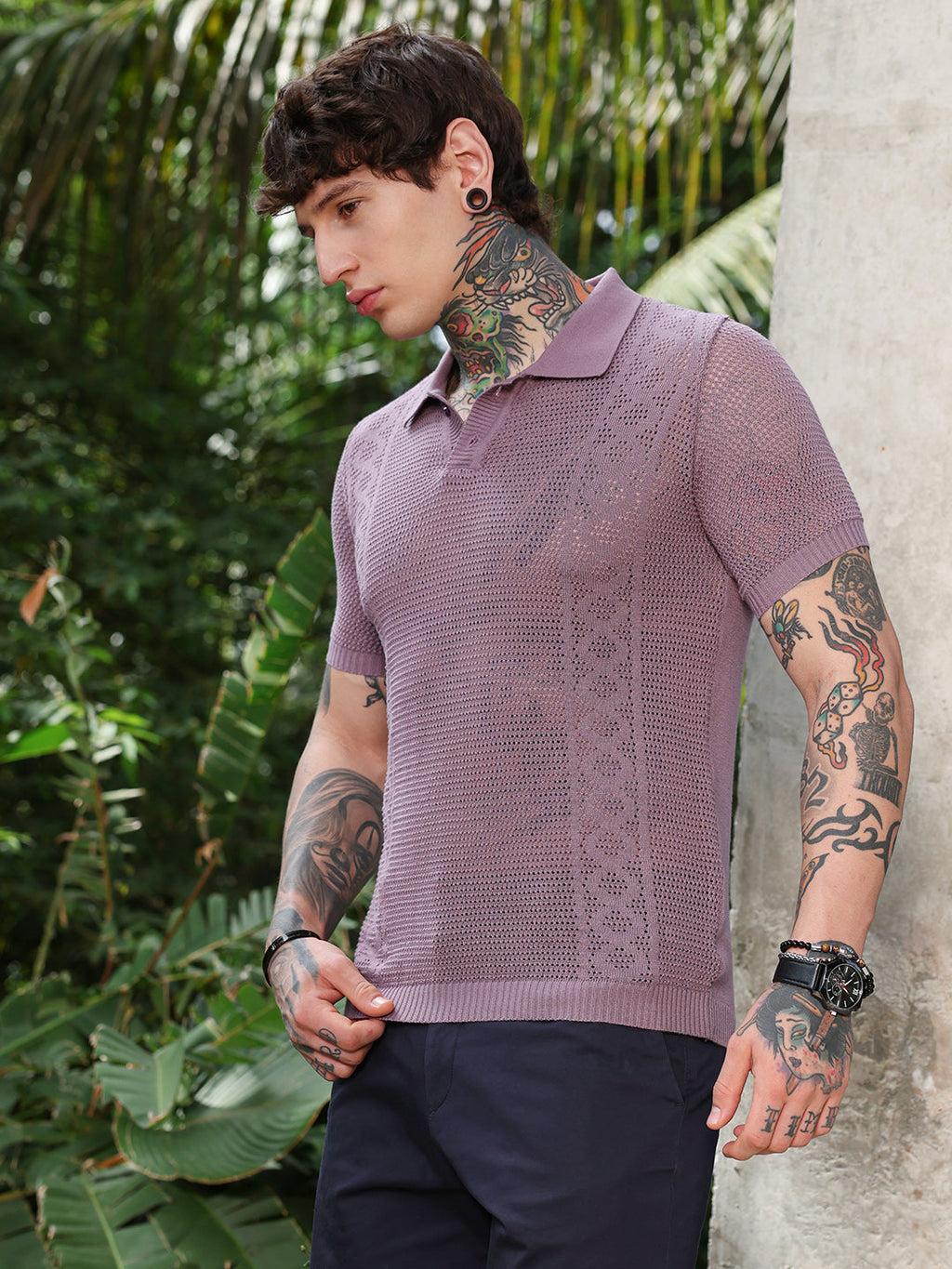 Campus Sutra Spiral-Panel Open-Knit Polo T-Shirt