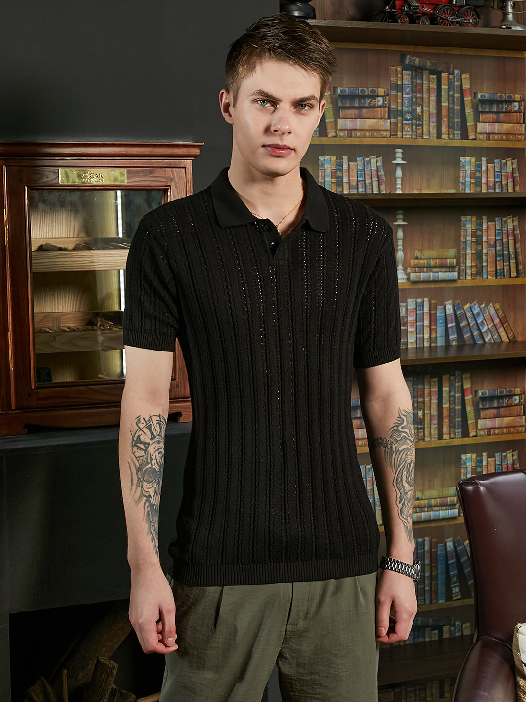 Campus Sutra Stripe-Textured Polo T-Shirt