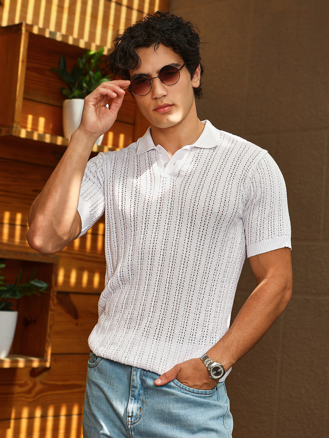 Campus Sutra Panelled-Knit Polo T-Shirt