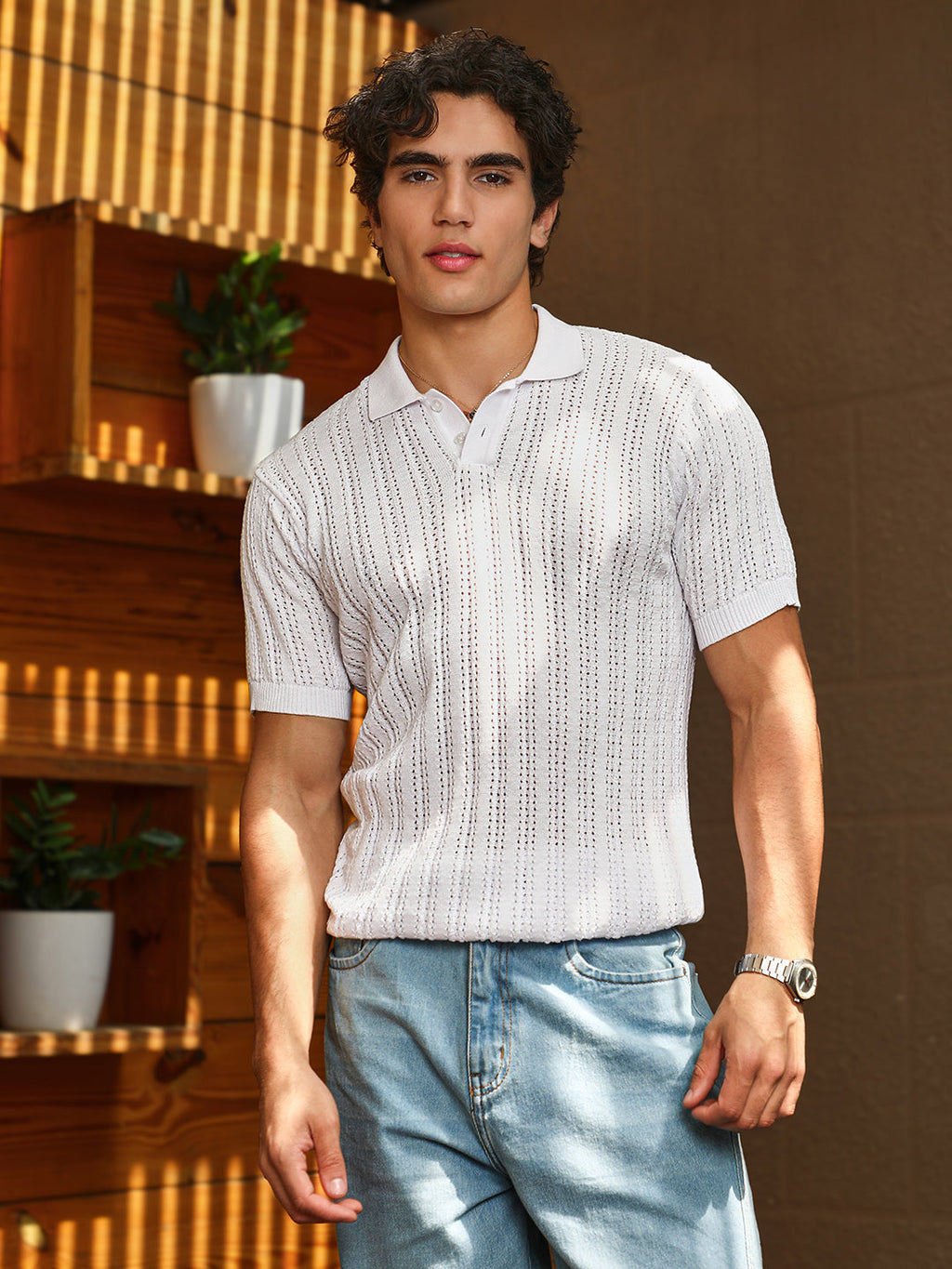 Campus Sutra Panelled-Knit Polo T-Shirt