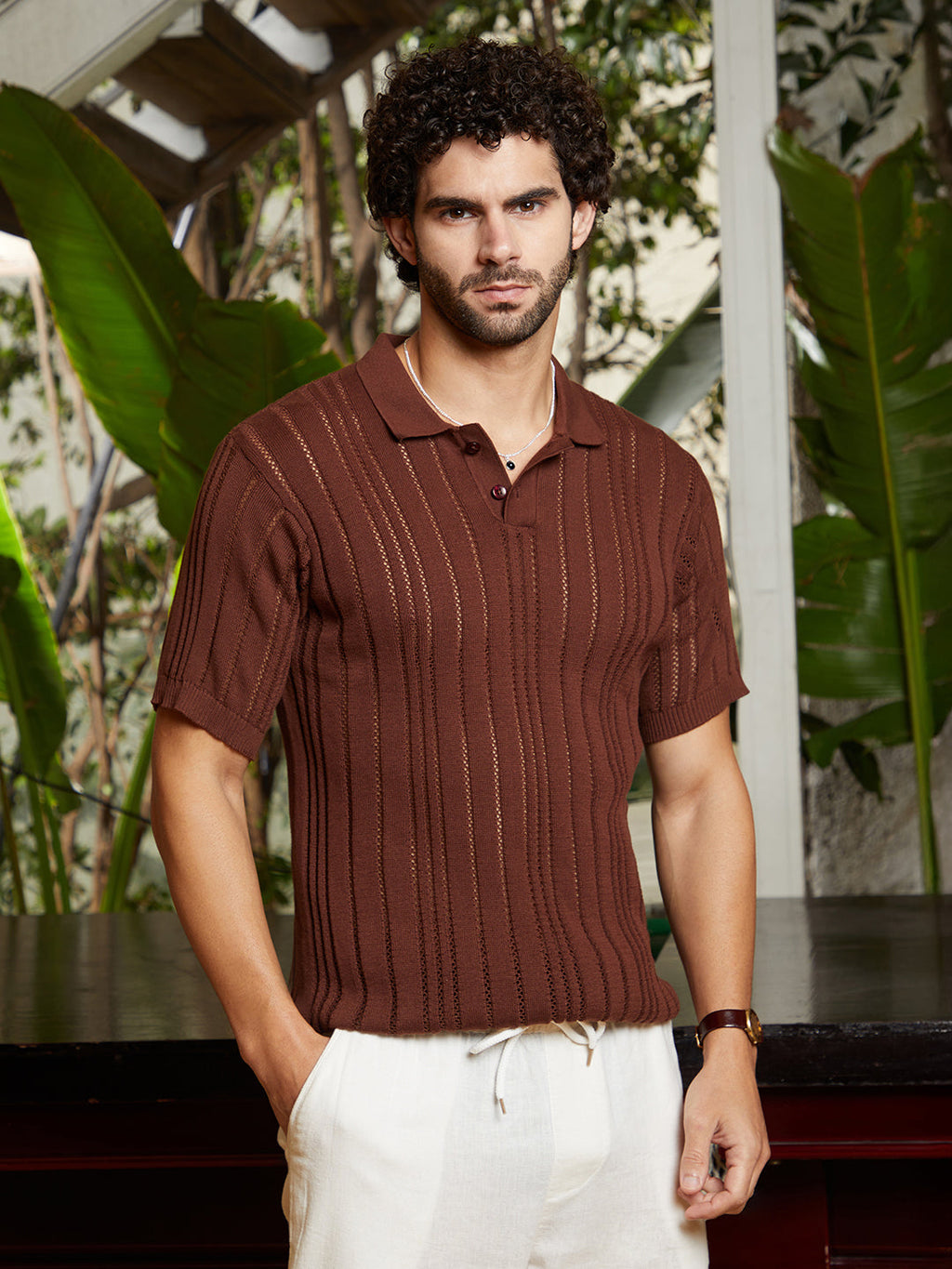 Campus Sutra Stripe-Textured Polo T-Shirt