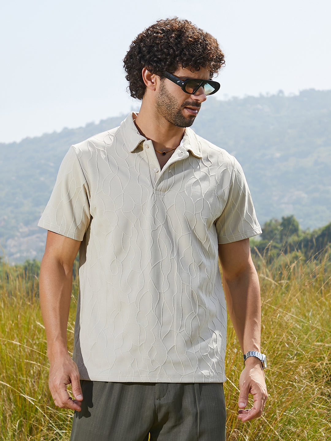 Campus Sutra Veined-Tactile Polo T-Shirt