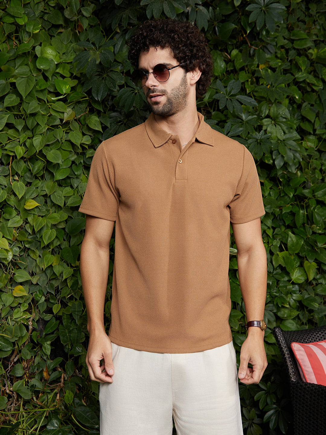 Campus Sutra Chainlink-Ribbed Polo T-Shirt
