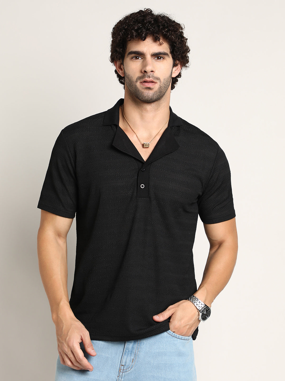 Campus Sutra Panel-Tactile Cuban Polo T-Shirt