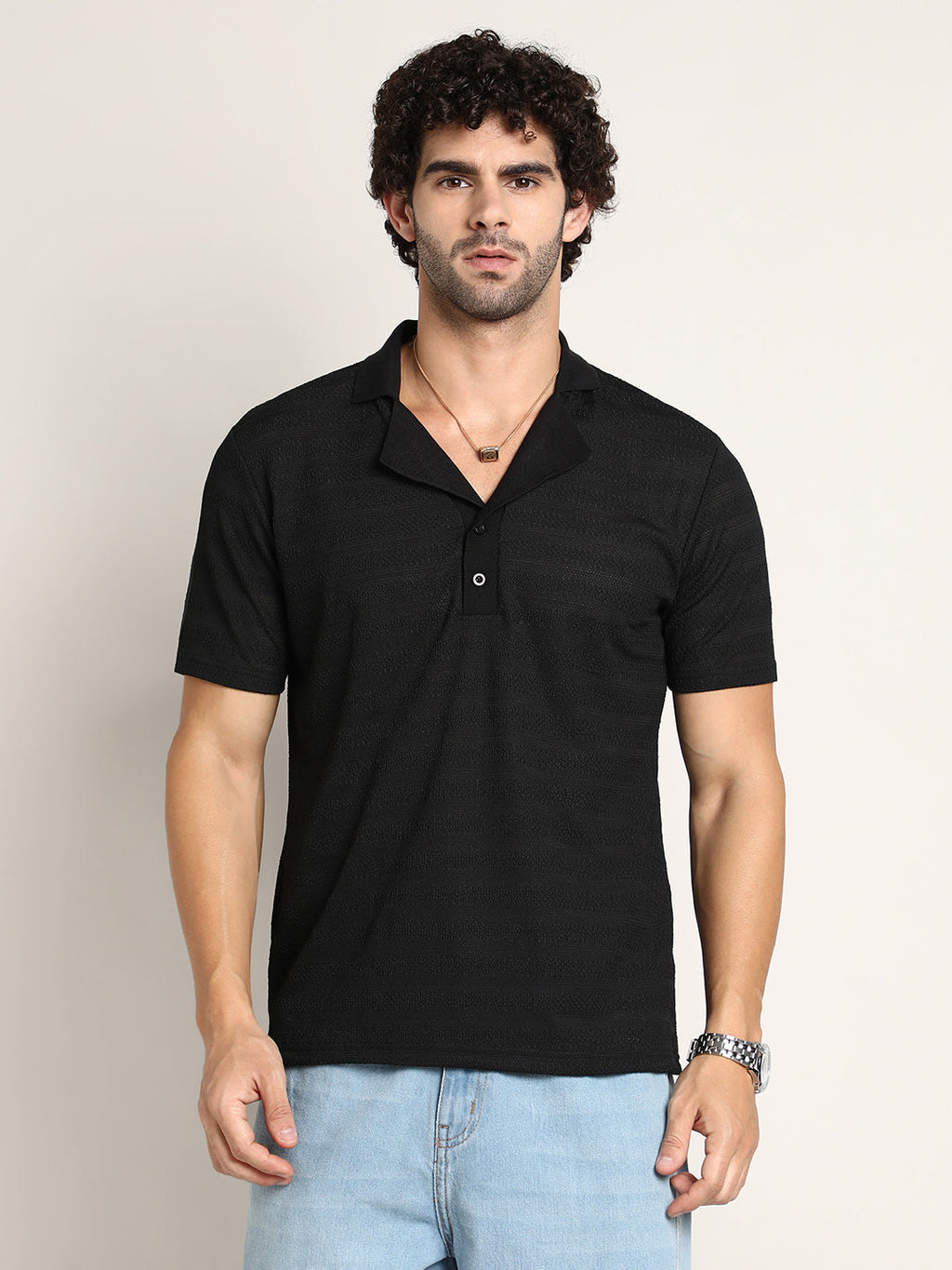 Campus Sutra Panel-Tactile Cuban Polo T-Shirt