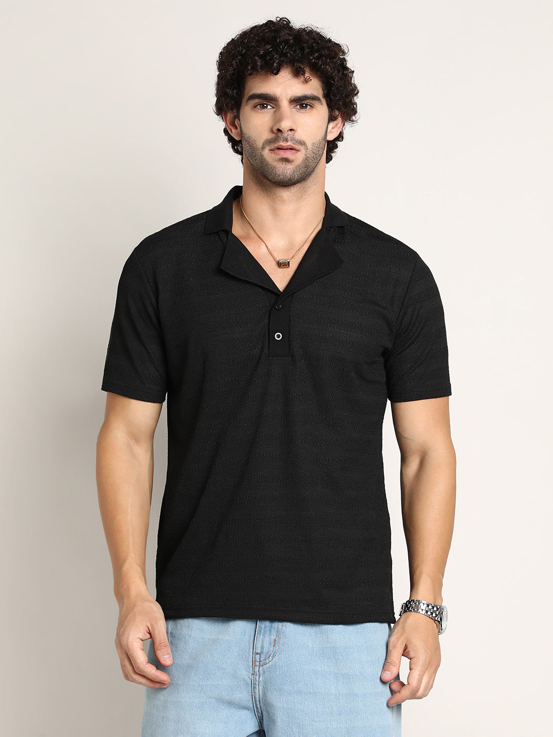 Campus Sutra Panel-Tactile Cuban Polo T-Shirt