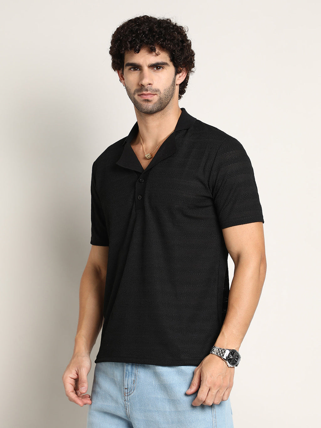 Campus Sutra Panel-Tactile Cuban Polo T-Shirt