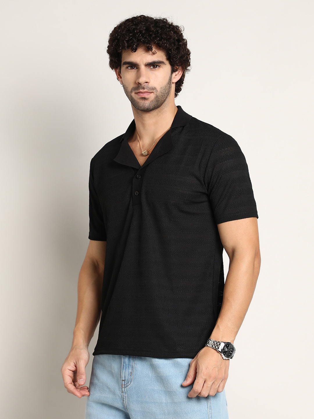 Campus Sutra Panel-Tactile Cuban Polo T-Shirt