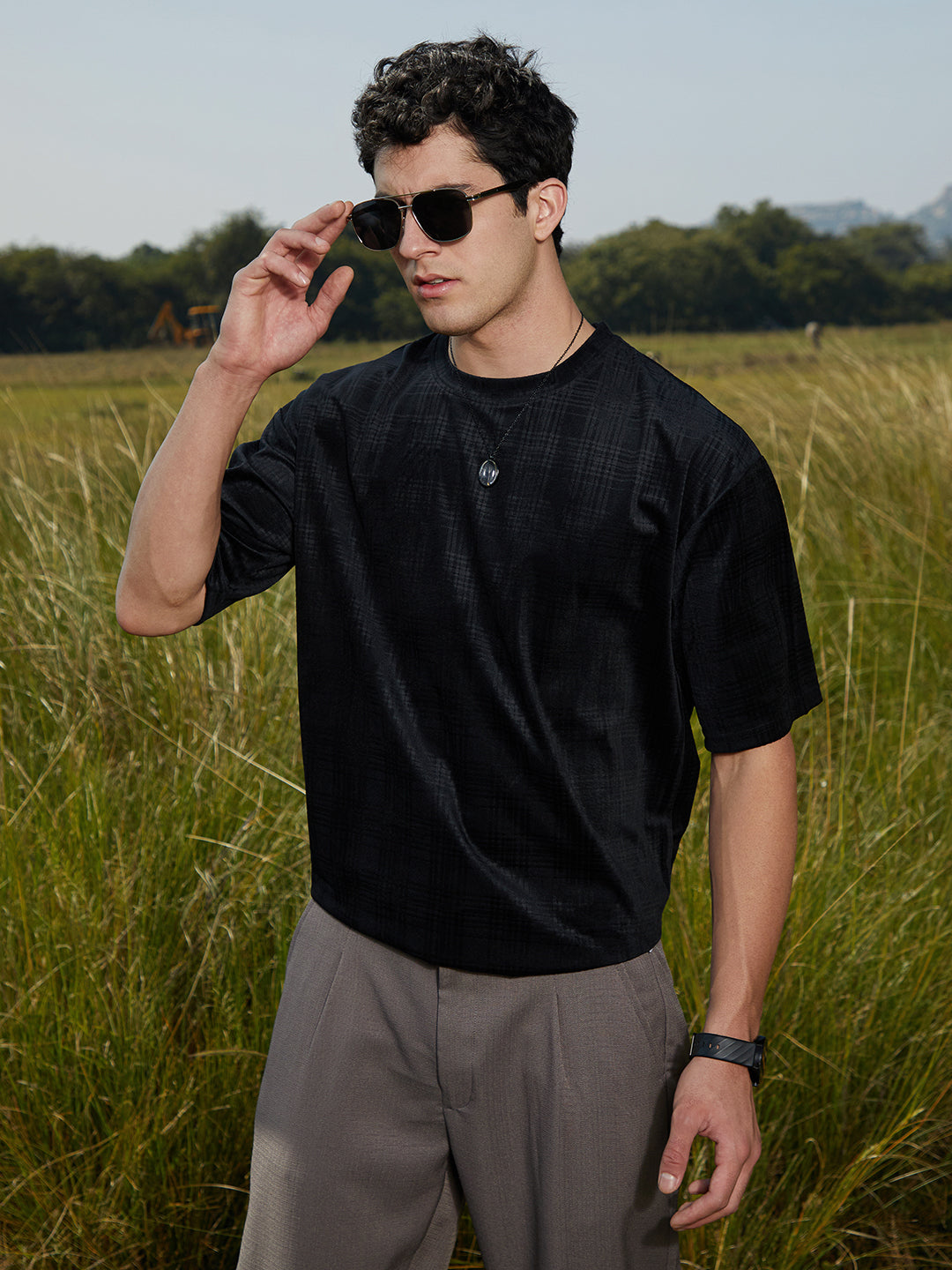 Campus Sutra Tartan-Plaid Oversized T-Shirt