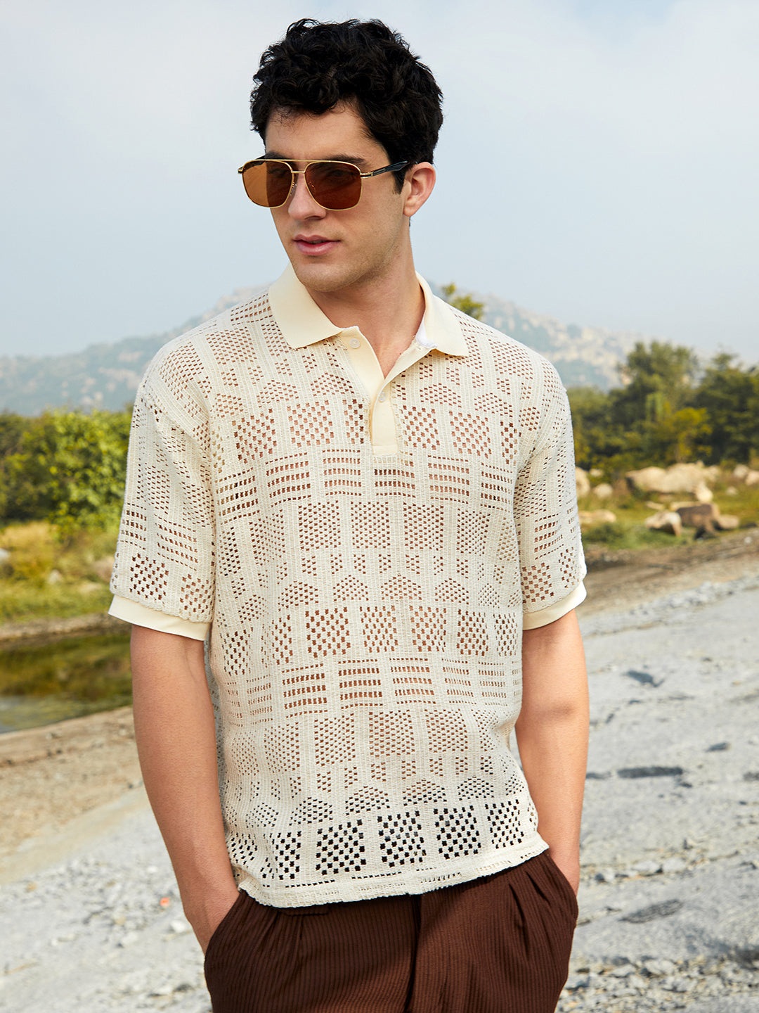 Campus Sutra Geo-Boho Oversized Polo T-Shirt