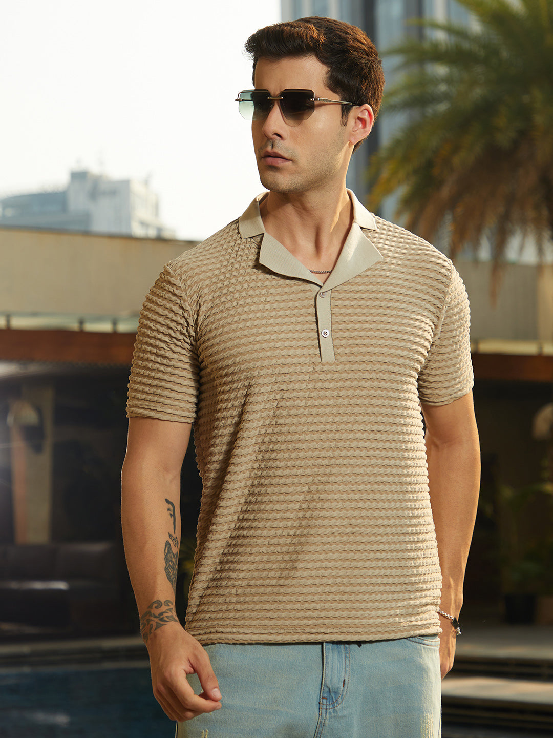 Campus Sutra Crease-Tactile Cuban Polo T-Shirt
