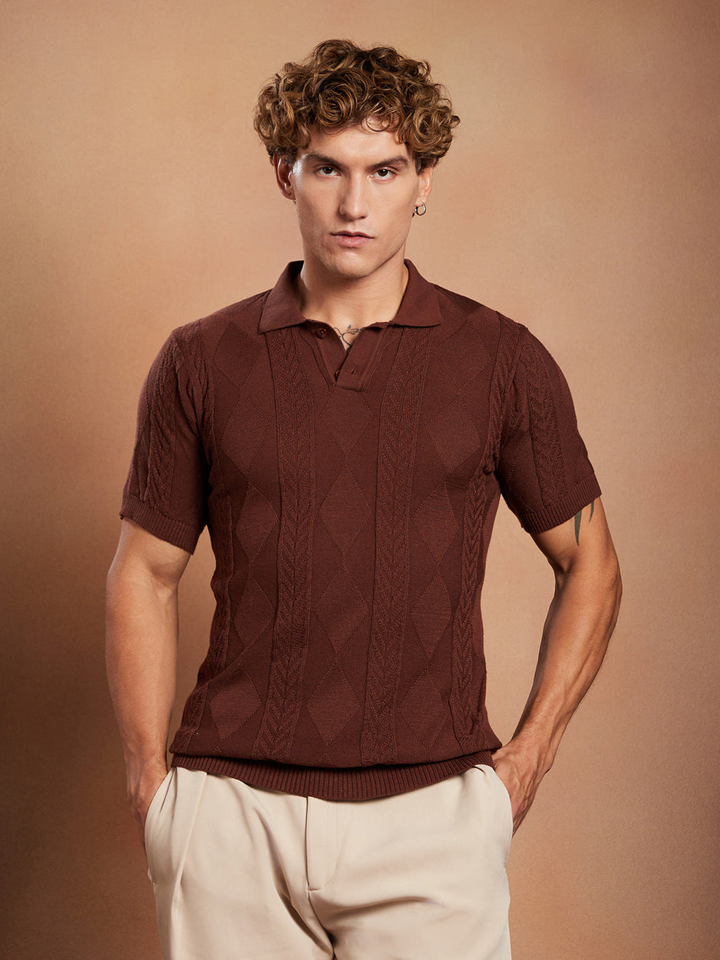 Campus Sutra Argyle-Tactile Polo T-Shirt