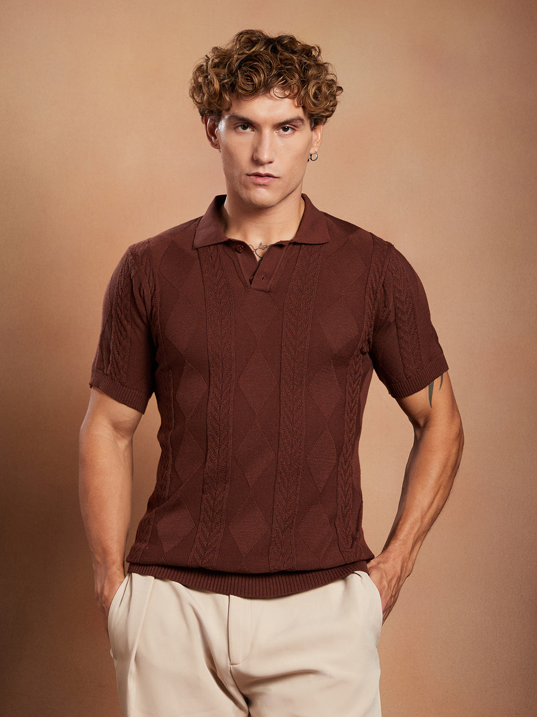 Campus Sutra Argyle-Tactile Polo T-Shirt