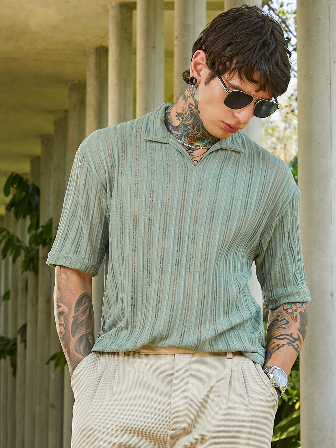 Campus Sutra Duo-Striped Relaxed Polo T-Shirt