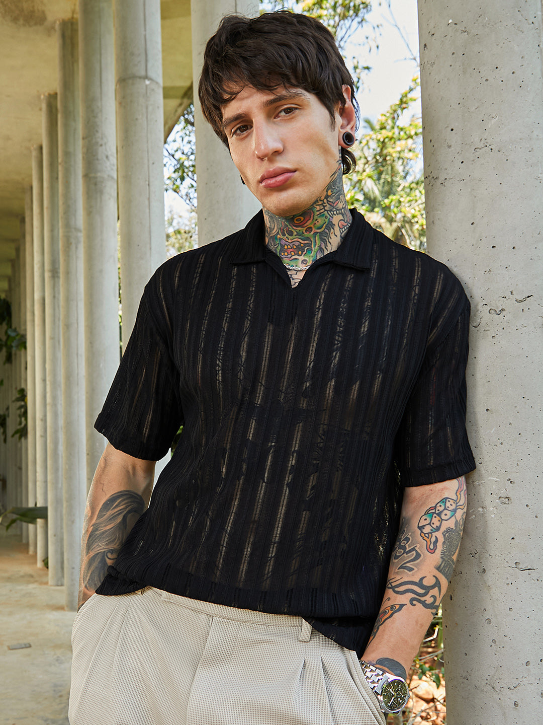 Campus Sutra Duo-Striped Relaxed Polo T-Shirt