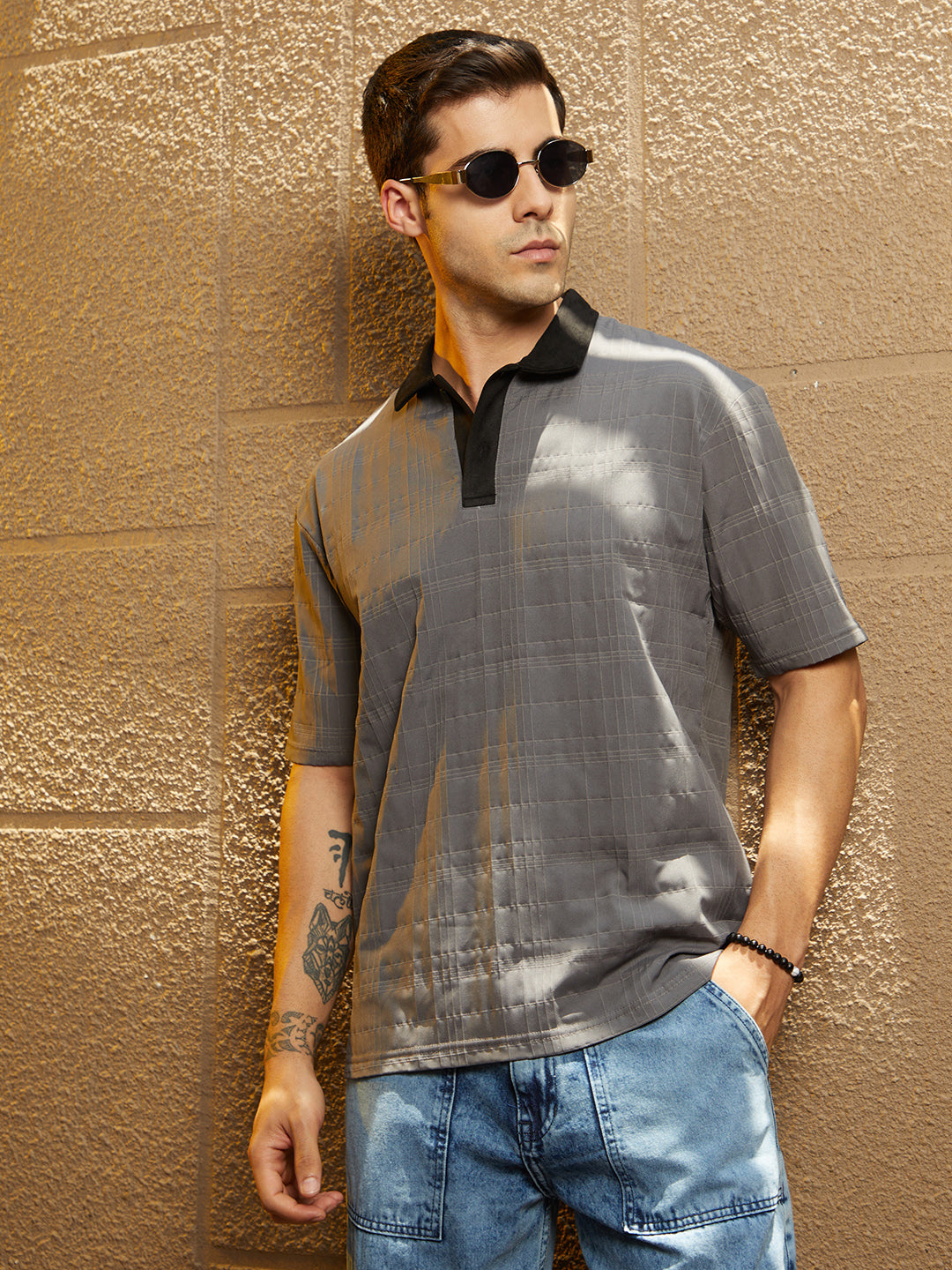 Campus Sutra Contrast Grid Polo T-Shirt