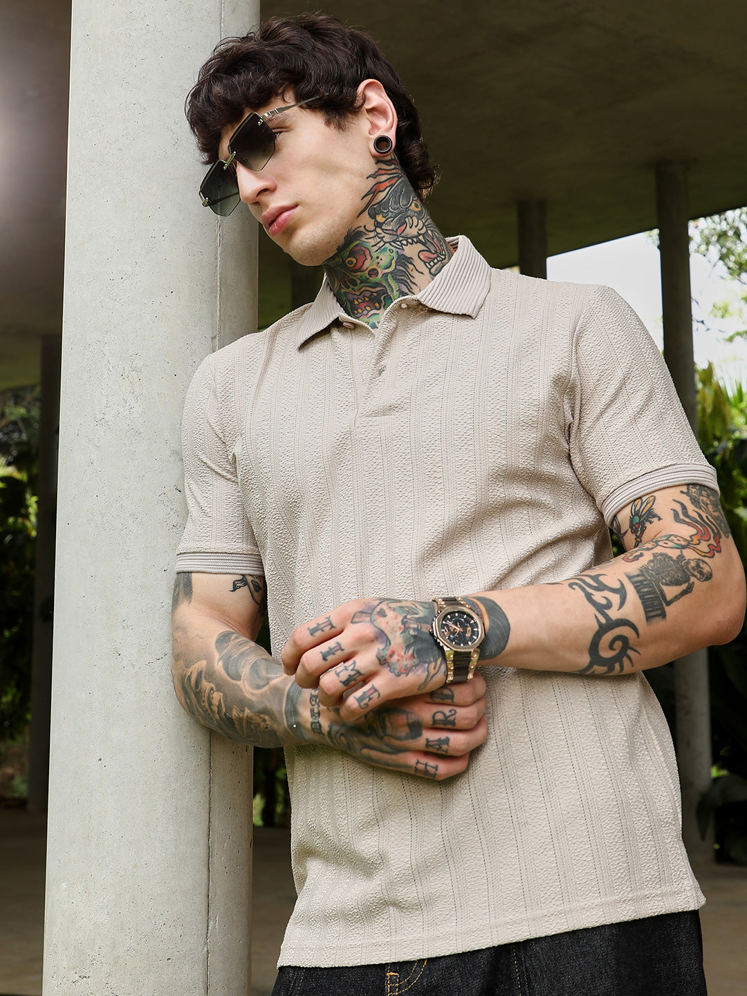 Campus Sutra Texture-Lined Polo T-Shirt
