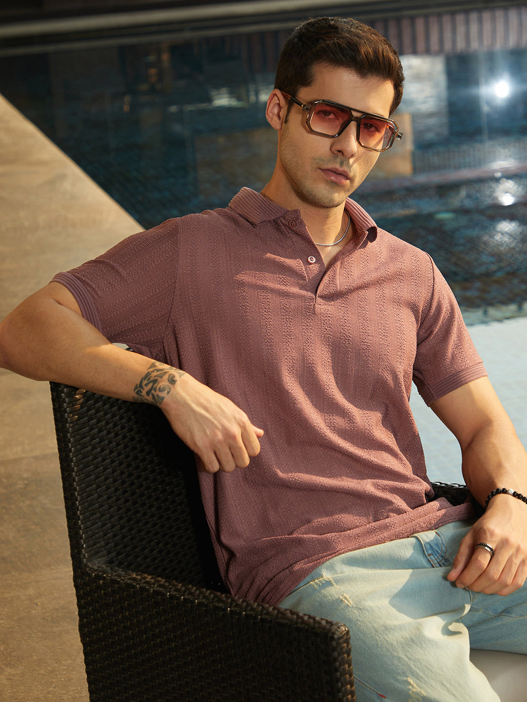 Campus Sutra Texture-Lined Polo T-Shirt