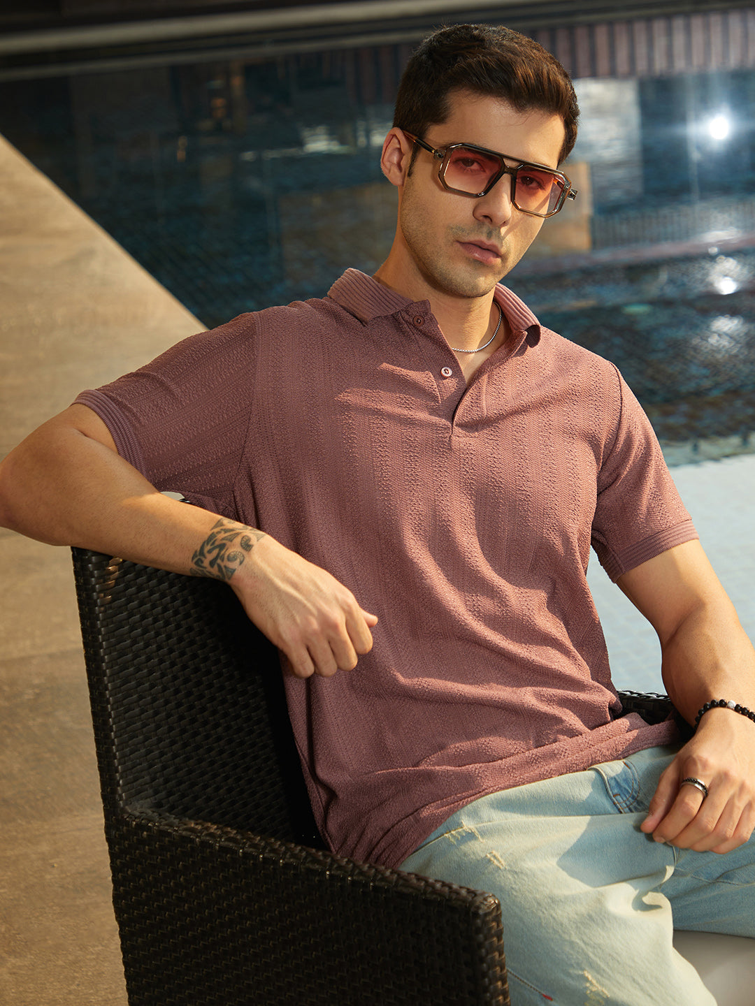 Campus Sutra Texture-Lined Polo T-Shirt