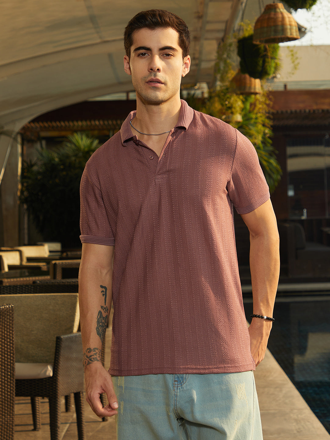 Campus Sutra Texture-Lined Polo T-Shirt
