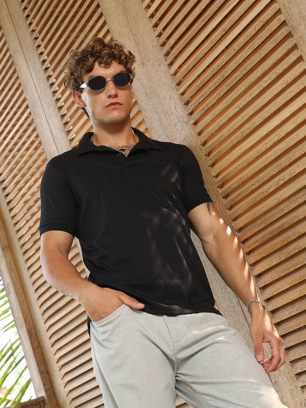 Campus Sutra Ribbed -Tactile Polo T-Shirt