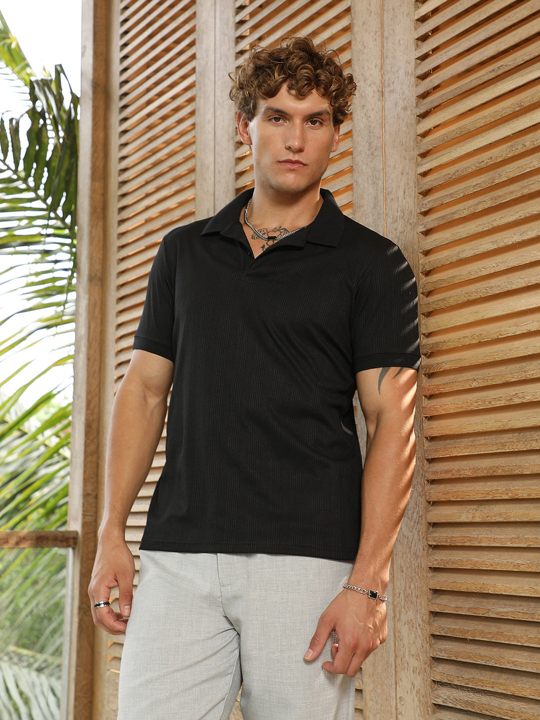 Campus Sutra Ribbed -Tactile Polo T-Shirt