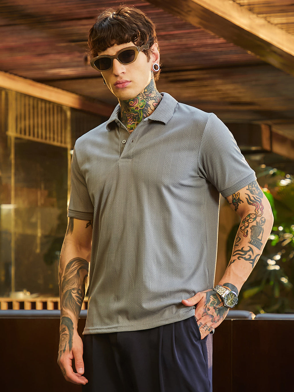 Campus Sutra Ribbed -Tactile Polo T-Shirt