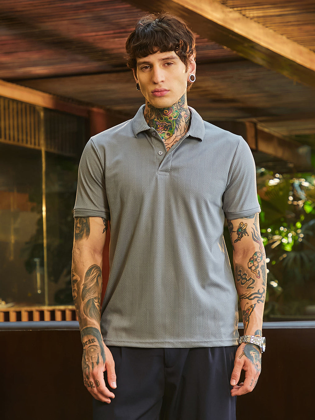 Campus Sutra Ribbed -Tactile Polo T-Shirt