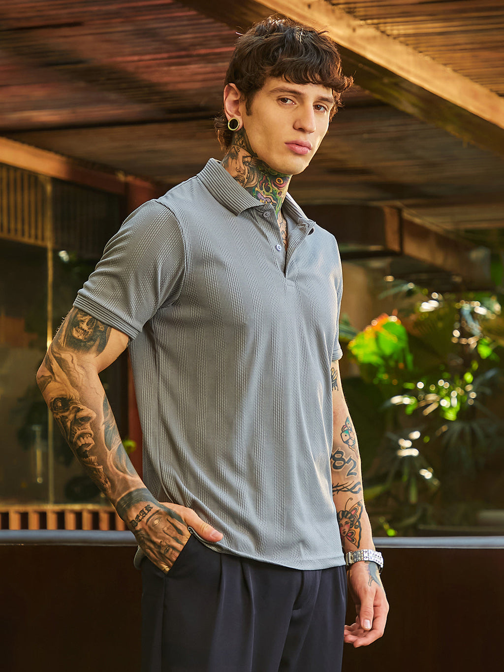 Campus Sutra Ribbed -Tactile Polo T-Shirt