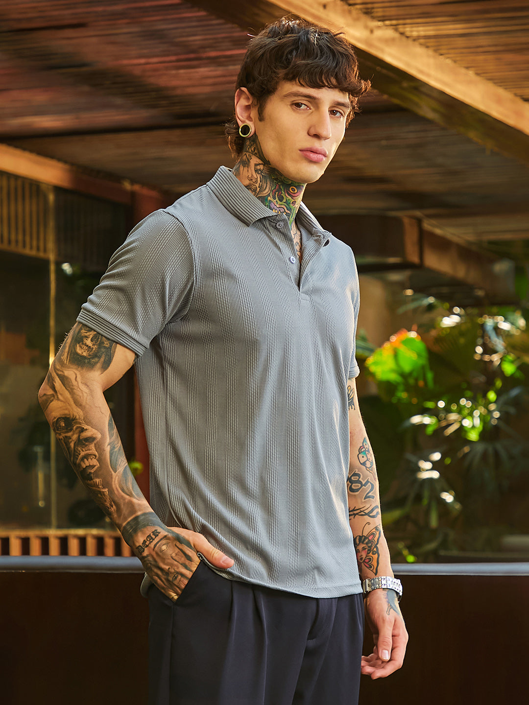 Campus Sutra Ribbed -Tactile Polo T-Shirt