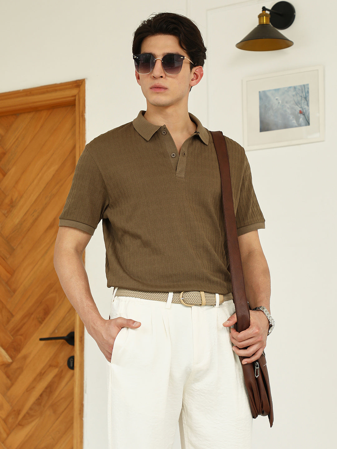 Campus Sutra Brown Textured Polo T-shirt - Poly Spandex Blend