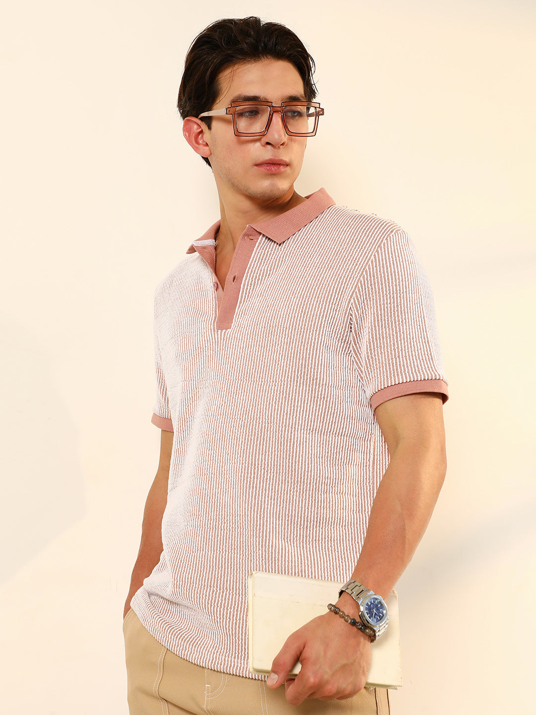 Campus Sutra Seersucker-Striped Polo T-Shirt