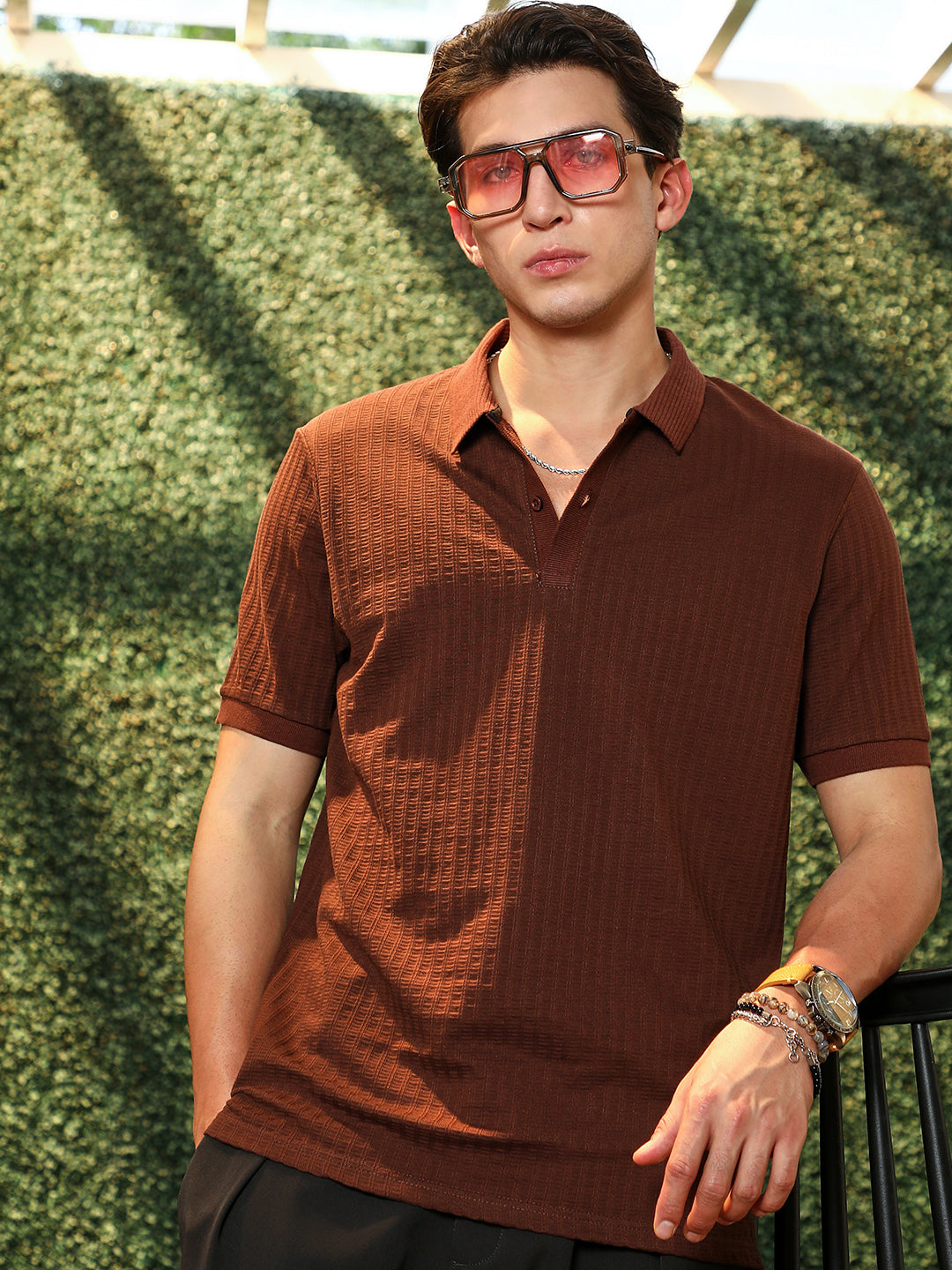 Campus Sutra Ripple-Lined Tactile Polo T-Shirt