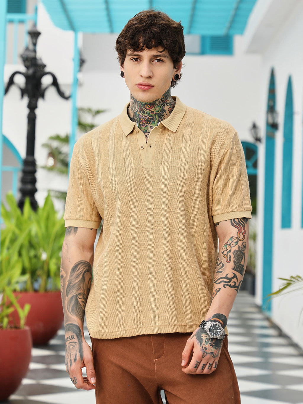 Campus Sutra Candy Stripe-Knitted Polo T-Shirt