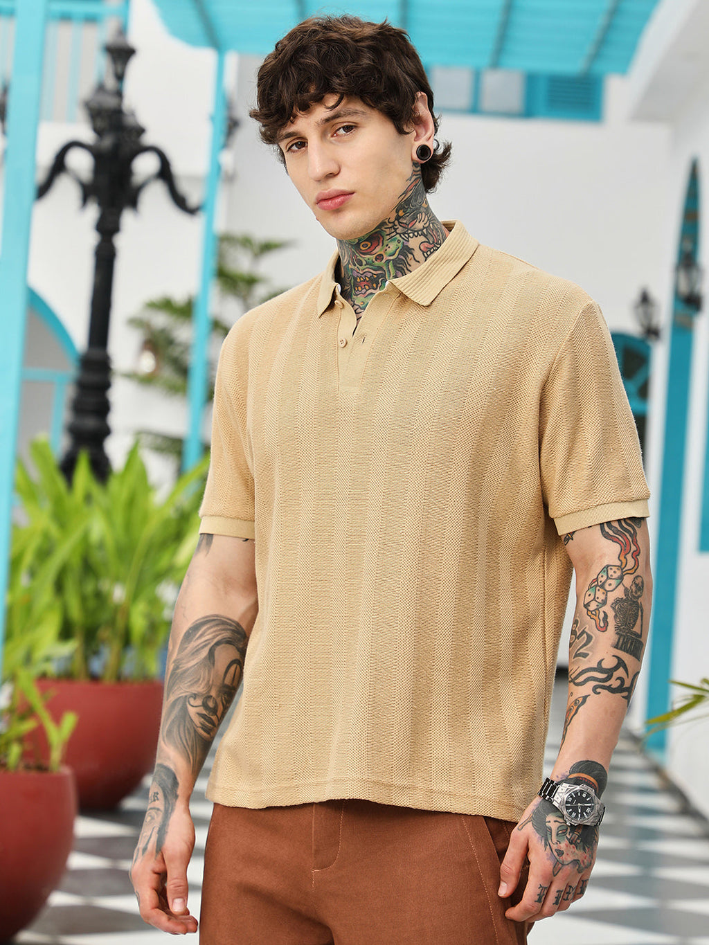 Campus Sutra Candy Stripe-Knitted Polo T-Shirt
